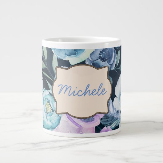 Gepersonaliseerde naam Floral Blue Achtergrond Grote Koffiekop (Voorkant)