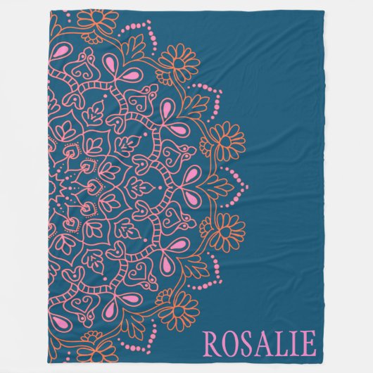 Gepersonaliseerde naam Floral Mandala Blauw Roze U Fleece Deken (Voorkant)