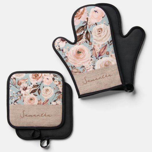 Gepersonaliseerde naam Floral Ovenwant & Pannenlap Set (Voorkant / Achterkant)