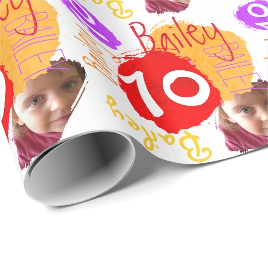 Gepersonaliseerde naam foto 10e verjaardag verf wr cadeaupapier (Rol Hoek)