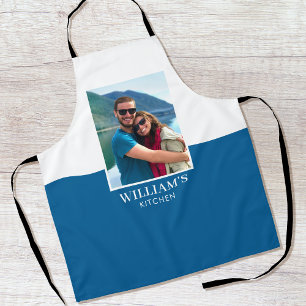 Gepersonaliseerde Naam Foto Blauw Wit Modern Schort