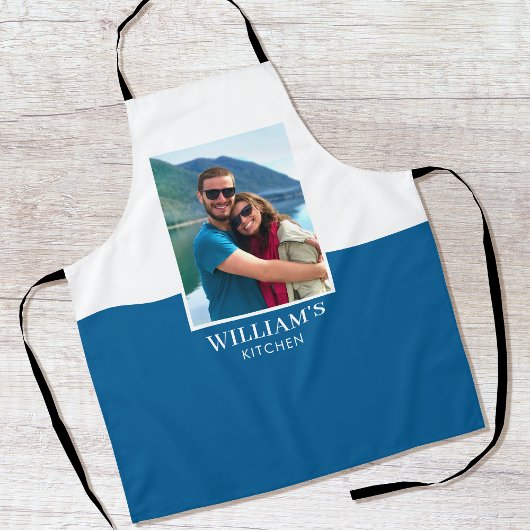 Gepersonaliseerde Naam Foto Blauw Wit Modern Schort