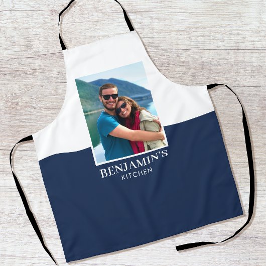 Gepersonaliseerde Naam Foto Donkerblauw Modern Schort