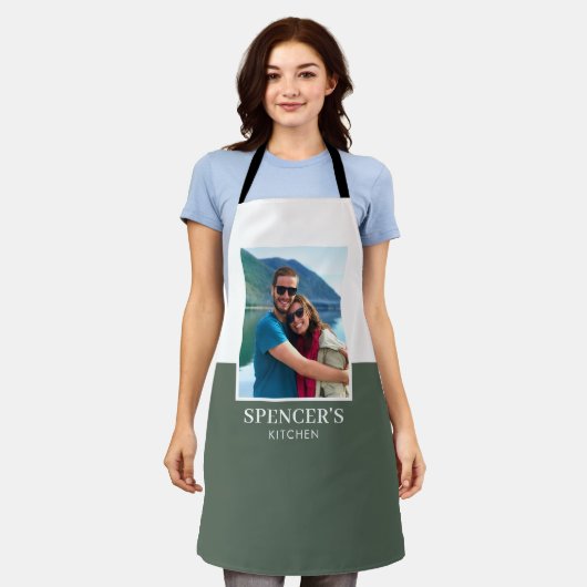 Gepersonaliseerde Naam Foto Grijs Groen Modern Schort (Gedragen)