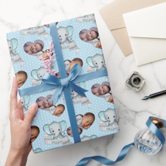 Gepersonaliseerde Naam & Foto Olifant Baby Boy Blu Cadeaupapier (Geschenken)