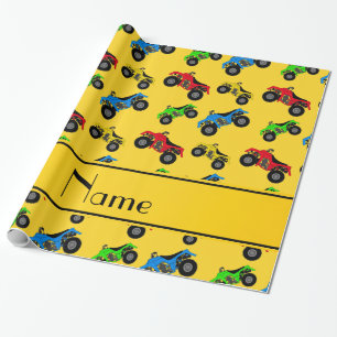 Gepersonaliseerde naam geel atv patroon cadeaupapier