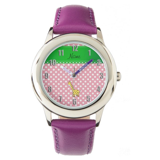 Gepersonaliseerde naam gele giraffe roze polka dot horloge (Voorkant)