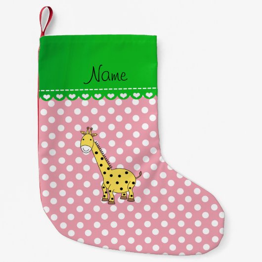 Gepersonaliseerde naam gele giraffe roze polka dot kleine kerstsok (Voorkant)