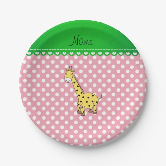 Gepersonaliseerde naam gele giraffe roze polka dot papieren bordje (Voorkant)
