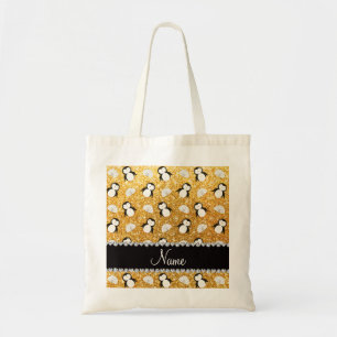 Gepersonaliseerde naam gele glitterpinguïns igloos tote bag