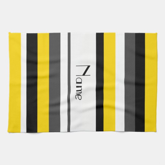 Gepersonaliseerde naam gele grijze strepen theedoek (Horizontaal)