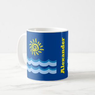 Gepersonaliseerde naam Gele Zon Blauwe Golven Koff Koffiemok