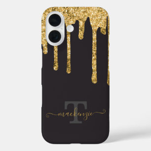 Gepersonaliseerde naam Gold Fake Glitter Drip Mono iPhone 16 Hoesje