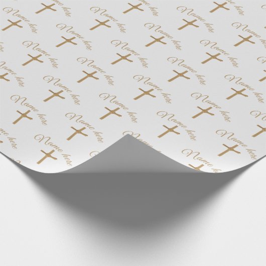 Gepersonaliseerde naam Gouden Kruis doopsel Cadeaupapier (Hoek)