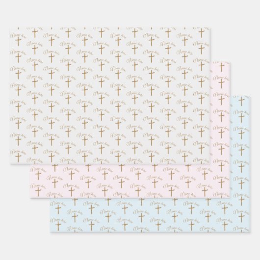 Gepersonaliseerde naam Gouden Kruis doopsel Inpakpapier Vel (Set)