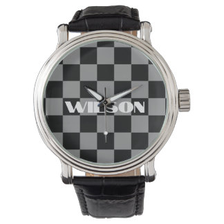 gepersonaliseerde naam grijs en zwart geruit  horloge