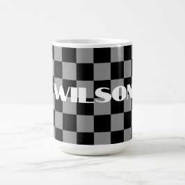 gepersonaliseerde naam grijs en zwart geruit koffiemok