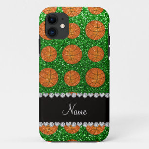 Gepersonaliseerde naam groene glitter basketballen iPhone 11 hoesje