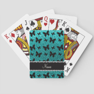 Gepersonaliseerde naam heldere aqua glitter butter pokerkaarten