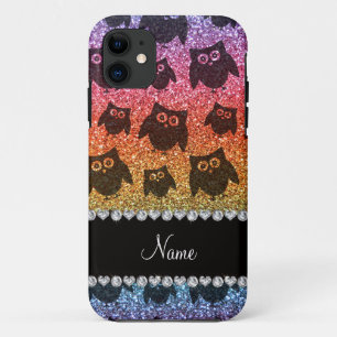 Gepersonaliseerde naam heldere regenbooglitter uil Case-Mate iPhone case