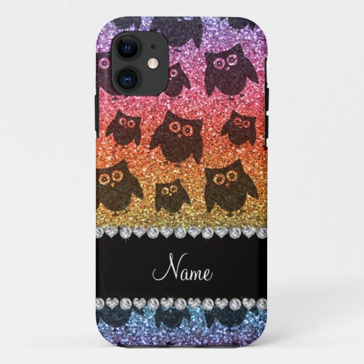 Gepersonaliseerde naam heldere regenbooglitter uil Case-Mate iPhone case (Achterkant)