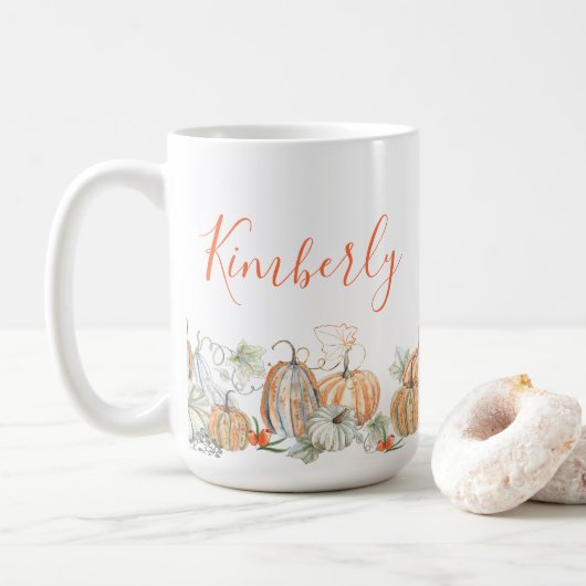 Gepersonaliseerde naam Herfst pompoenen Koffiemok (Met donut)