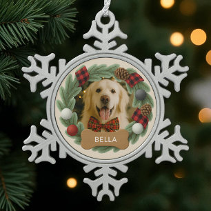 Gepersonaliseerde Naam Hond Foto Christmas Plaid Tin Sneeuwvlok Ornament