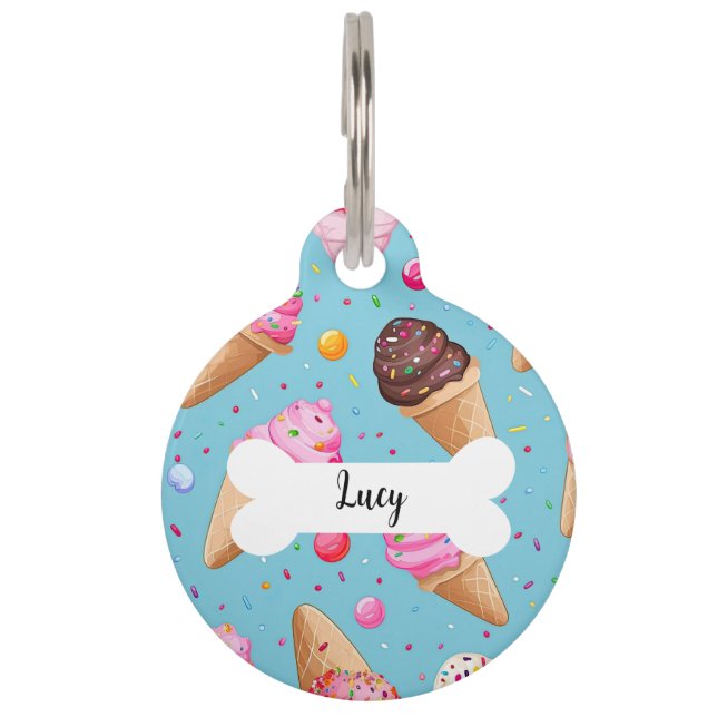 Gepersonaliseerde naam Ice Cream Pattern Ronde Pet Huisdierpenning (Voorkant)