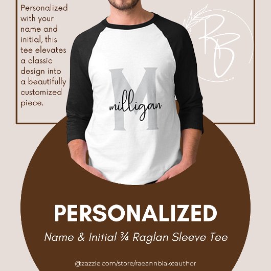 Gepersonaliseerde naam & Initiaal 3/4 Raglan Sleev T-shirt
