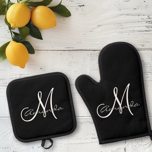 Gepersonaliseerde naam Initiaal Monogram Ovenwant & Pannenlap Set