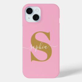 Gepersonaliseerde naam, Initiaal-script, roze/goud iPhone 15 Case