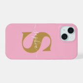Gepersonaliseerde naam, Initiaal-script, roze/goud iPhone 15 Case (Achterkant horizontaal)
