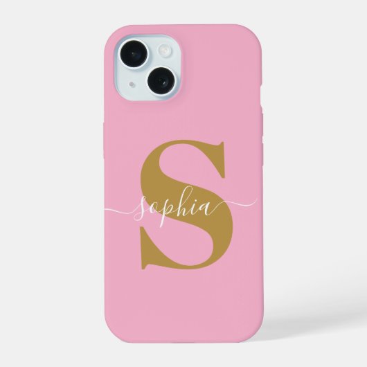 Gepersonaliseerde naam, Initiaal-script, roze/goud iPhone 15 Case (Achterkant)