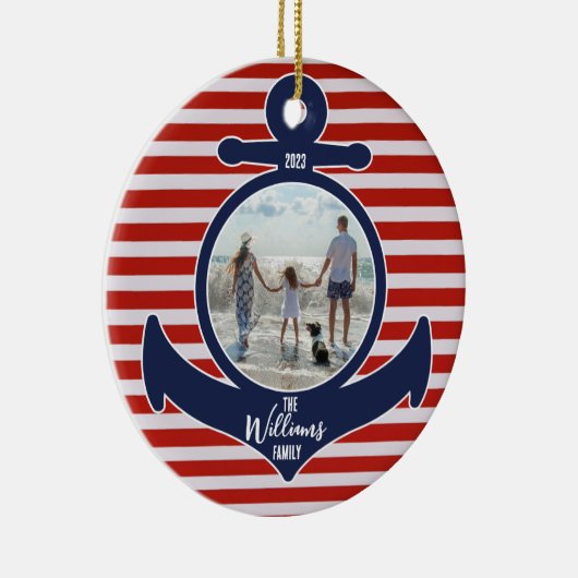 Gepersonaliseerde Naam & Jaar Rood Wit & Blauw Ank Keramisch Ornament (Rechts)