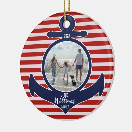 Gepersonaliseerde Naam & Jaar Rood Wit & Blauw Ank Keramisch Ornament (Links)