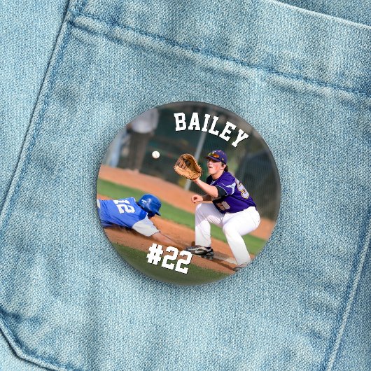 Gepersonaliseerde naam & Jersey nummer honkbal fot Ronde Button 5,7 Cm