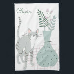Gepersonaliseerde Naam Kat Mam Bloemen Schattige Theedoek<br><div class="desc">Kat Lover Boho Flowers Tekening Aangepersonaliseerde keukenhanddoek</div>