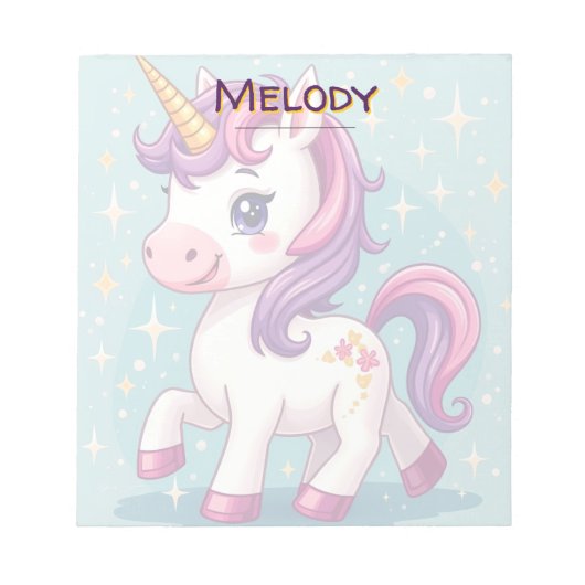 Gepersonaliseerde naam Kawaii Sparkle Unicorn Notitieblok (Voorkant)