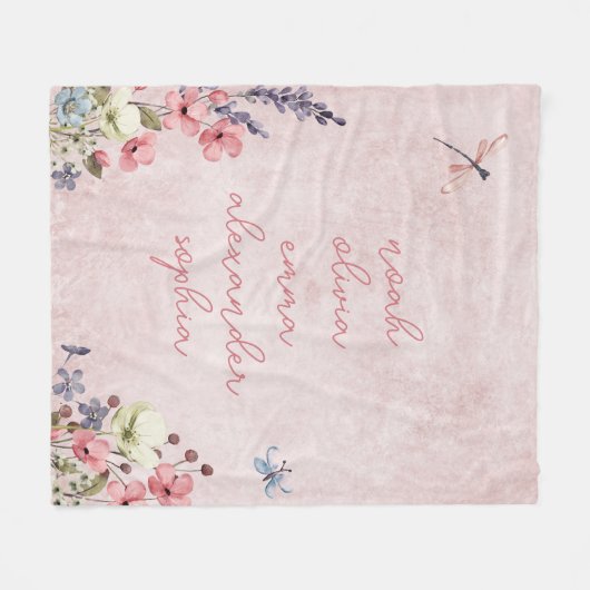 Gepersonaliseerde naam Keepsake Wildflower Roze Fleece Deken (Voorkant (Horizontaal))