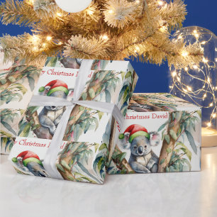 Gepersonaliseerde naam Kerst Koala in eucalyptusbo Cadeaupapier