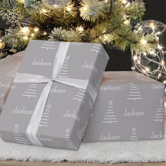 Gepersonaliseerde naam kerstboom Grijs cadeautje Cadeaupapier