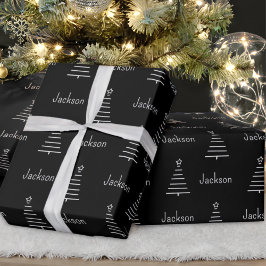 Gepersonaliseerde naam Kerstboom Zwart & Wit Cadeaupapier