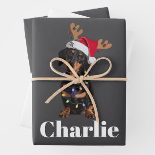 Gepersonaliseerde Naam Kerstdashond Hond Lichten Inpakpapier Vel