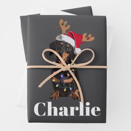 Gepersonaliseerde Naam Kerstdashond Hond Lichten Inpakpapier Vel (In situ)