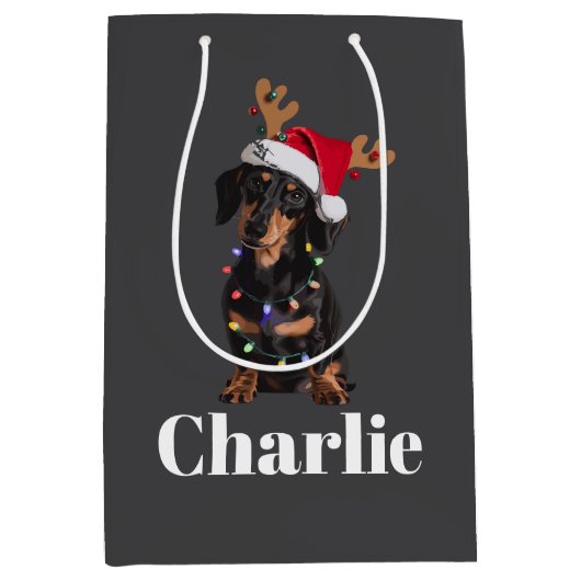 Gepersonaliseerde Naam Kerstdashond Hond Lichten Medium Cadeauzakje (Voorkant)