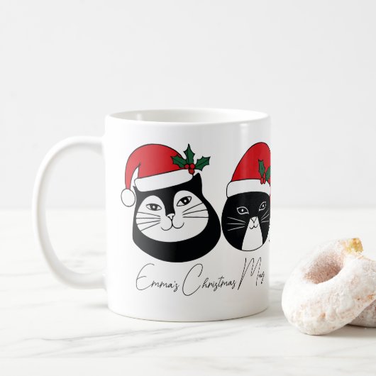 Gepersonaliseerde naam Kerstkat met kerst Pet Koffiemok (Met donut)