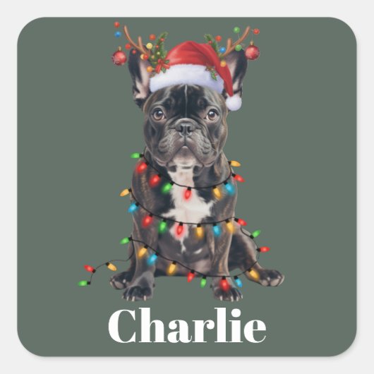 Gepersonaliseerde naam Kerstmis Franse Bulldog Vierkante Sticker (Voorkant)