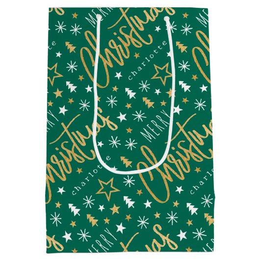Gepersonaliseerde naam Kerstscript Green Faux Gold Medium Cadeauzakje (Achterkant)