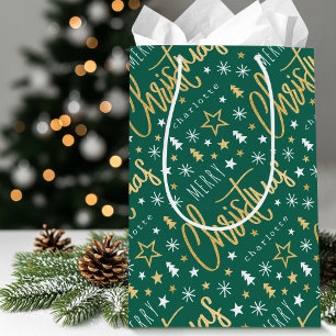 Gepersonaliseerde naam Kerstscript Green Faux Gold Medium Cadeauzakje