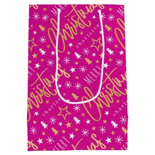Gepersonaliseerde naam Kerstscript Pink Faux Gold Medium Cadeauzakje (Achterkant)